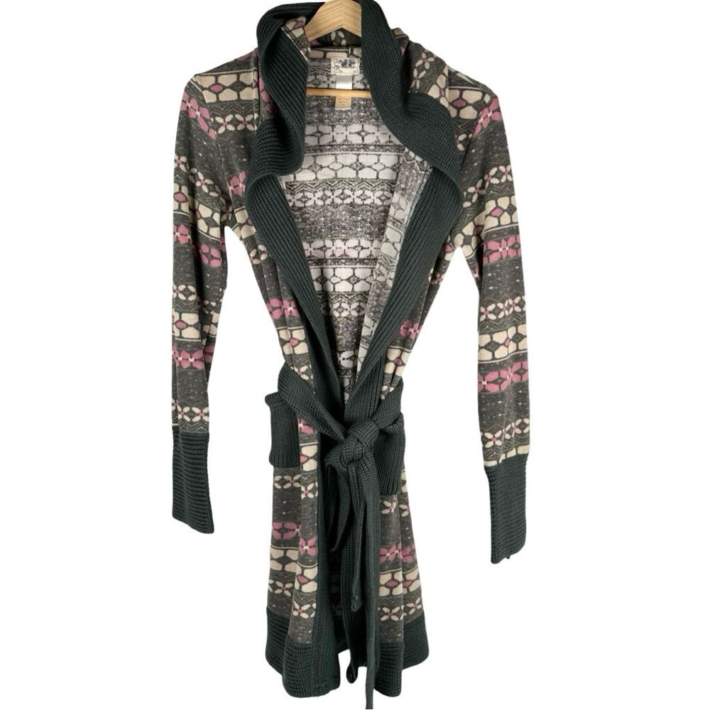 Tracy Porter Aztec Boho Hooded Belted Wrap Lounge Cardigan Sweater Size Small